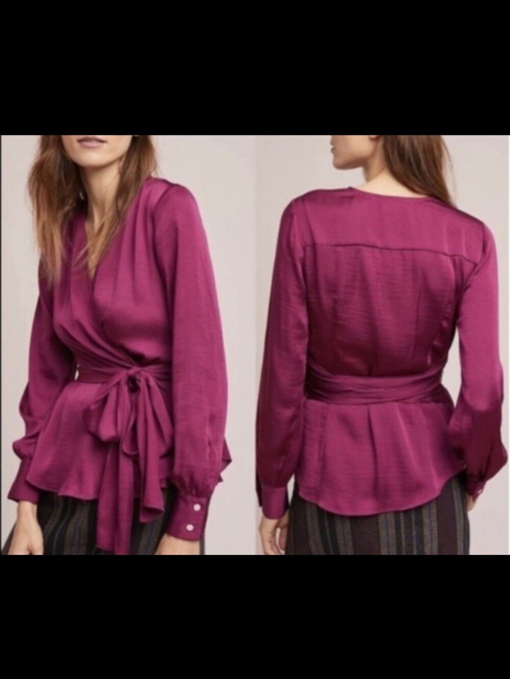 Anthropologie Moulinette Soeurs Magenta Purple Wrap-Front Satin Blouse 10 Medium